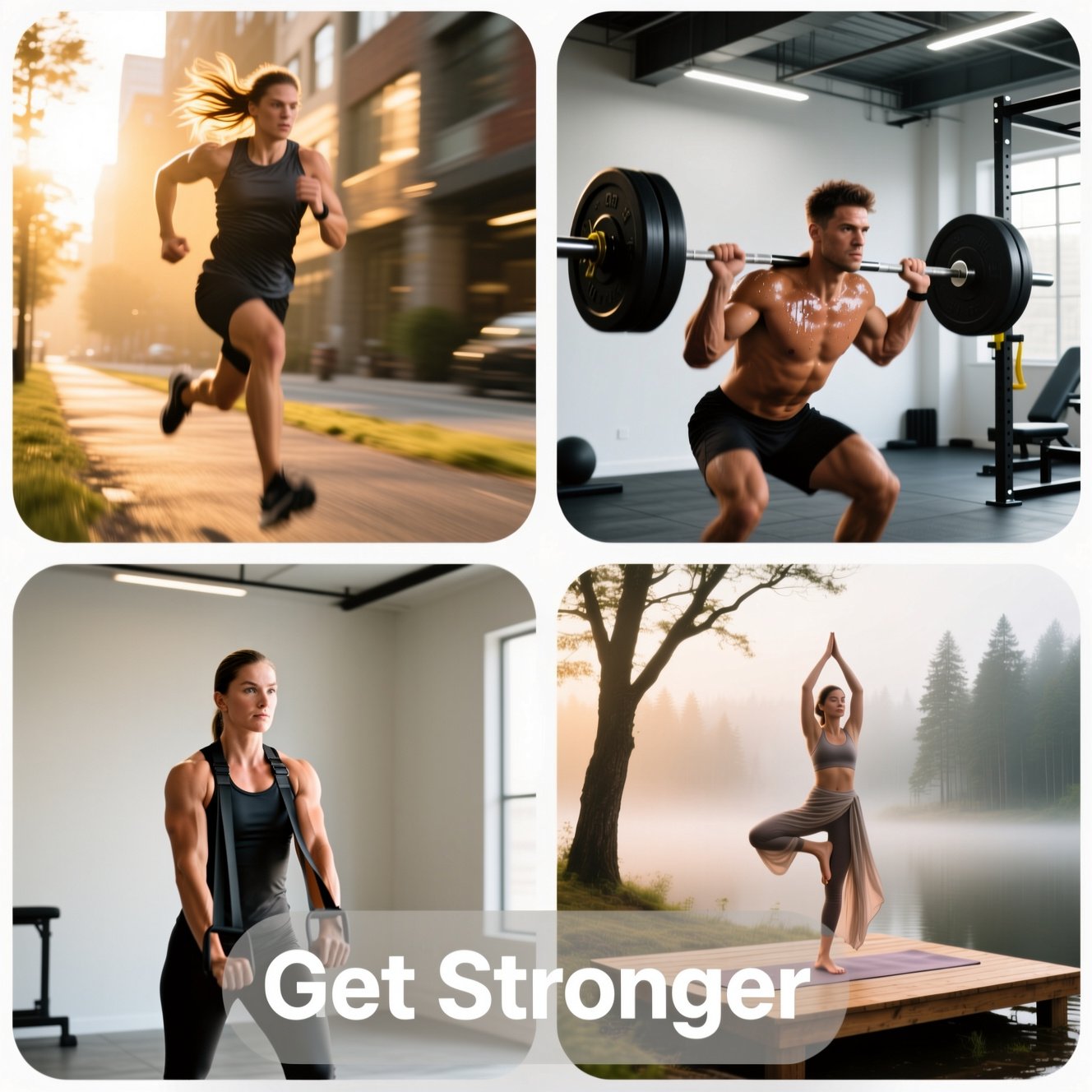 Get Stronger - fitness collage showing running, weightlifting, resistance training and yoga